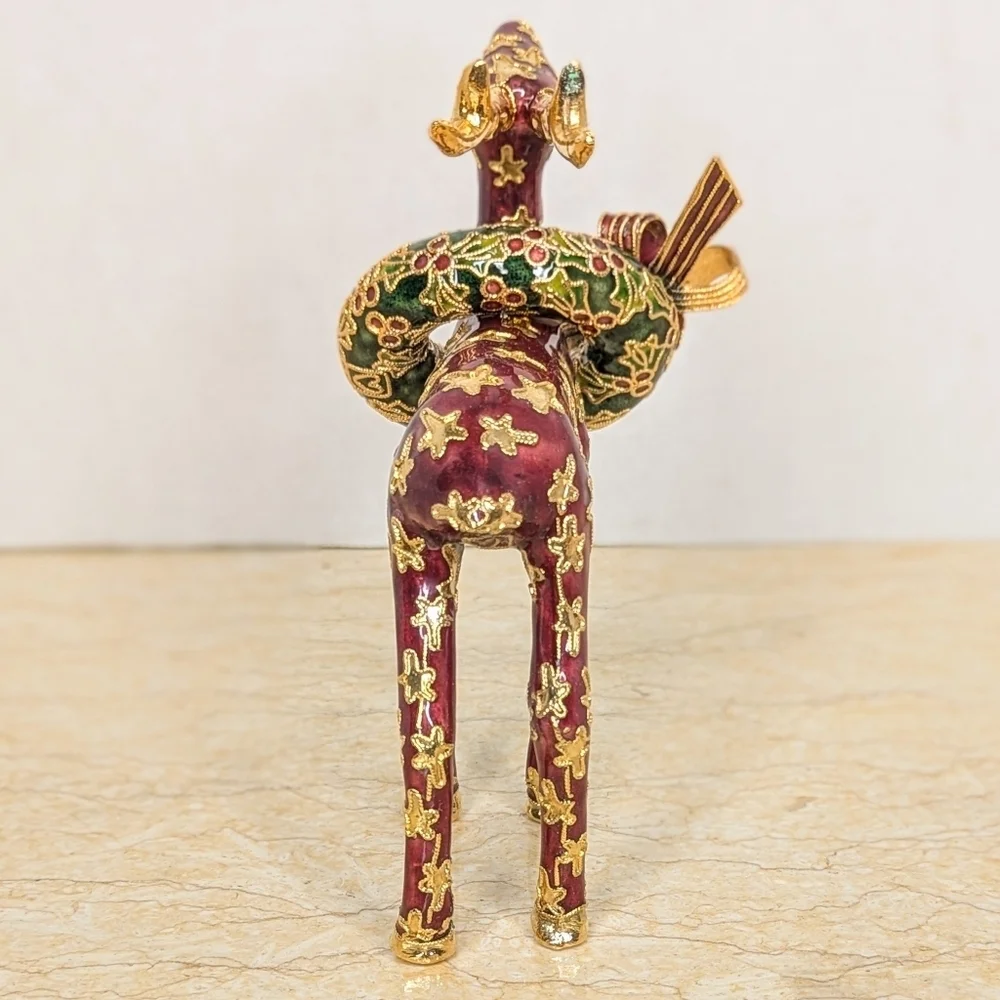 Vintage NYCO Cloisonne Enamel  Maroon Reindeer Gold Star Green Christmas Wreath